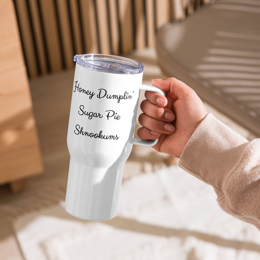 Honey Dumplin Travel mug with a handle - Black Print