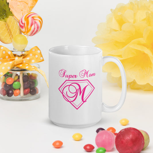 Super Mom white glossy mug - Pink Print